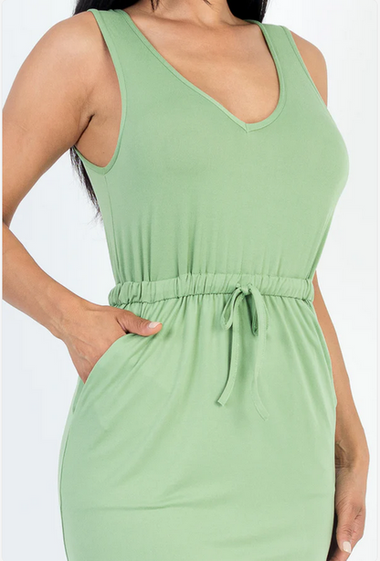Drawstring Sleeveless Midi Dress