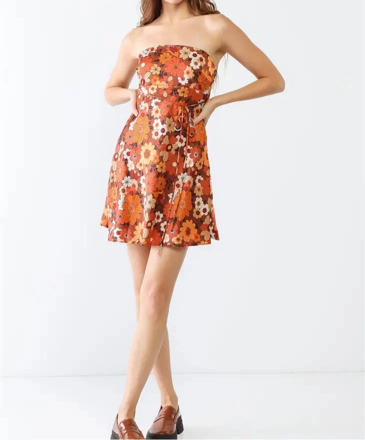 Floral Print Satin Strapless Dress