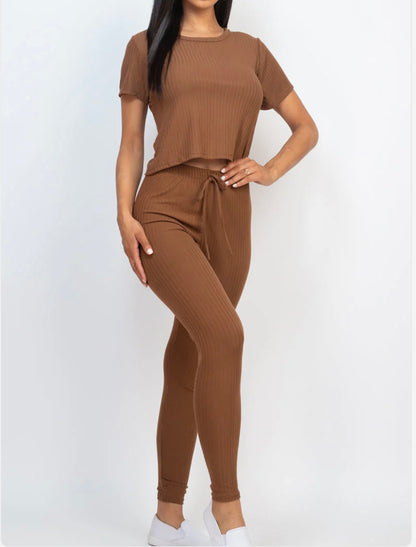 Ribbed Short Sleeve Top & Leggings Set