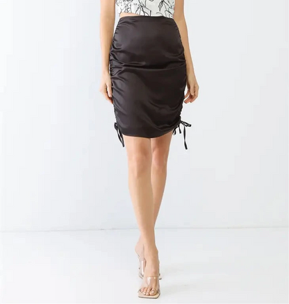 Black Satin Ruched Midi Skirt