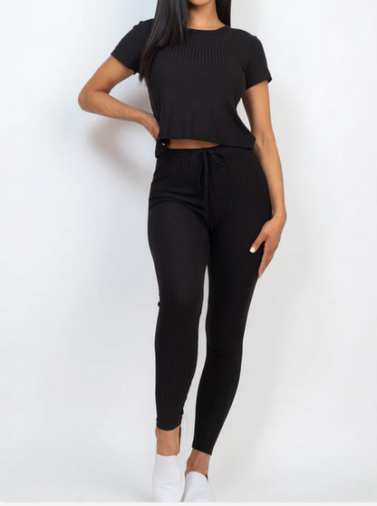 Ribbed Short Sleeve Top & Leggings Set