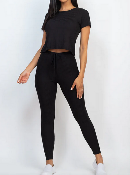 Ribbed Short Sleeve Top & Leggings Set