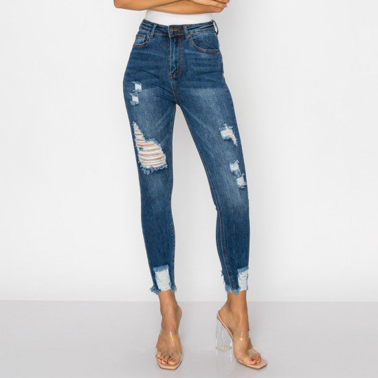 DENIM ANKLE SKINNY WITH HEM DESTRUCTION