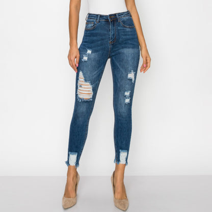 DENIM ANKLE SKINNY WITH HEM DESTRUCTION
