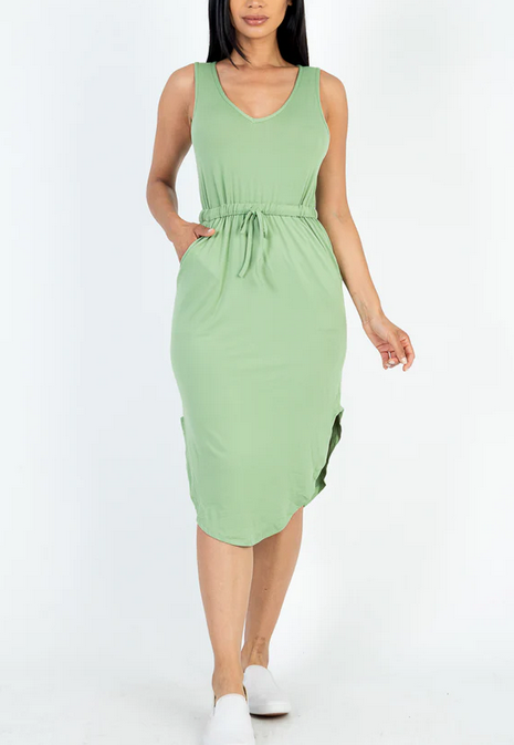 Drawstring Sleeveless Midi Dress