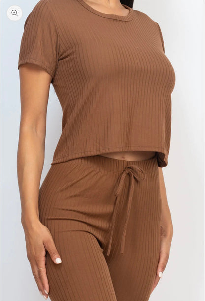 Ribbed Short Sleeve Top & Leggings Set
