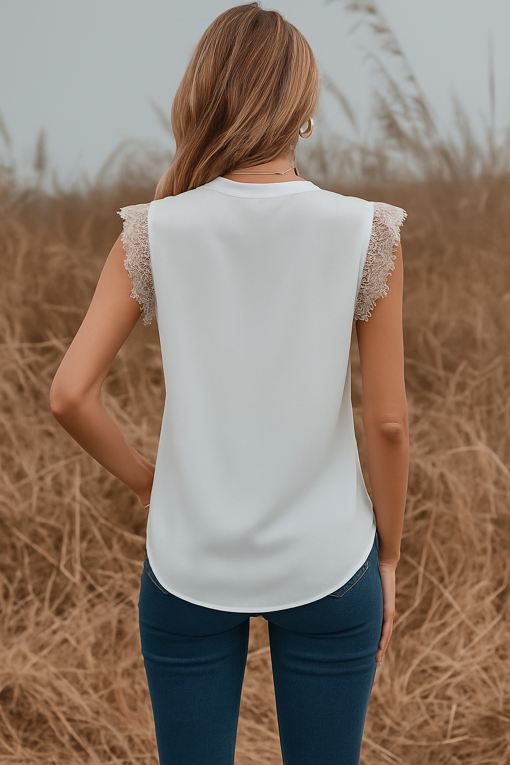 Lace Sleeve V-Neck Blouse