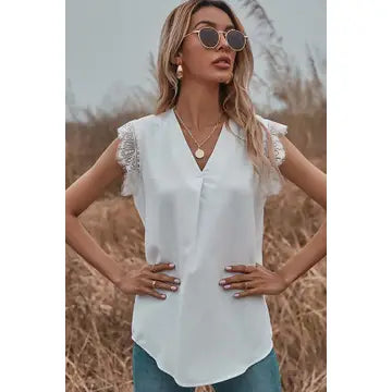 Lace Sleeve V-Neck Blouse