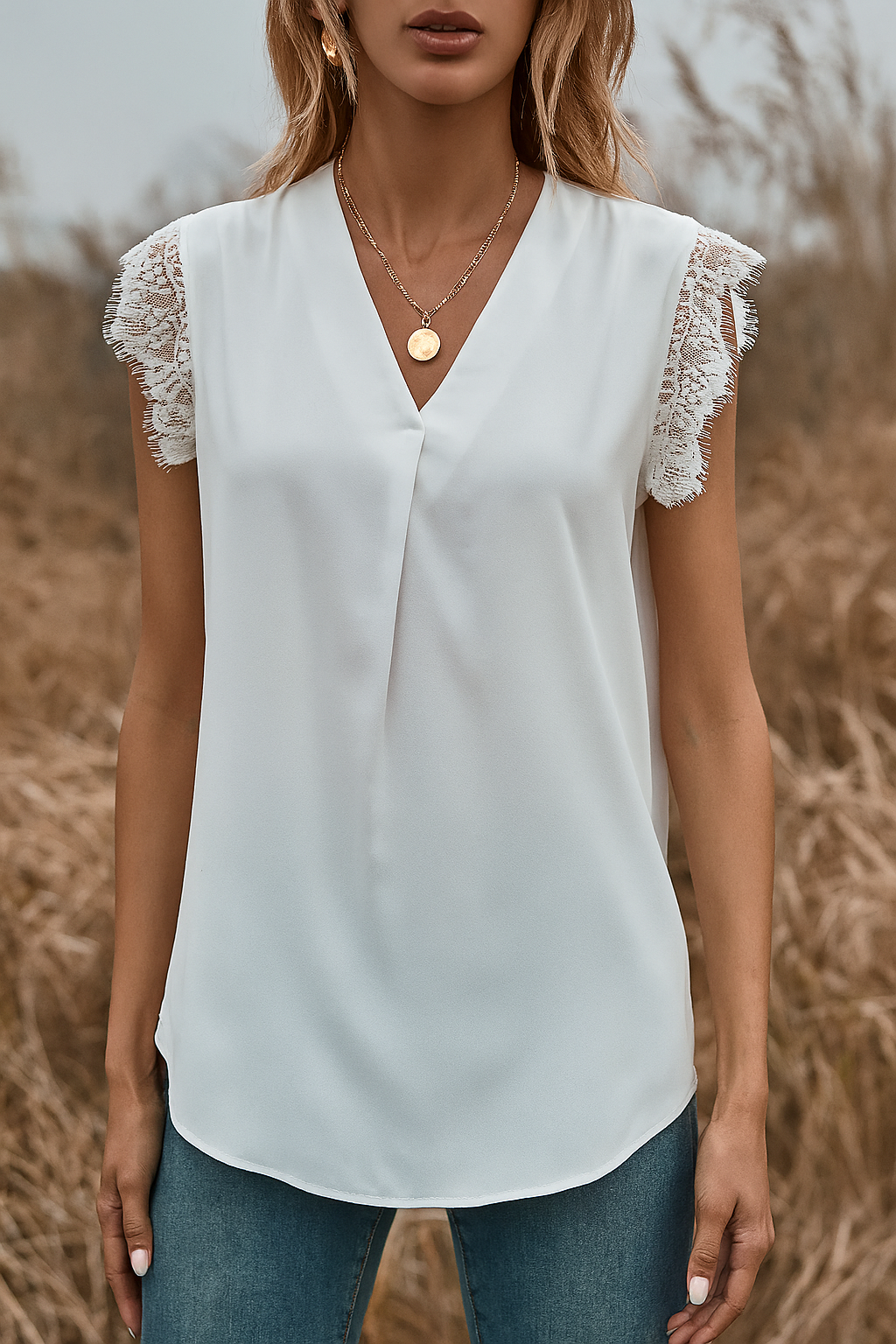 Lace Sleeve V-Neck Blouse