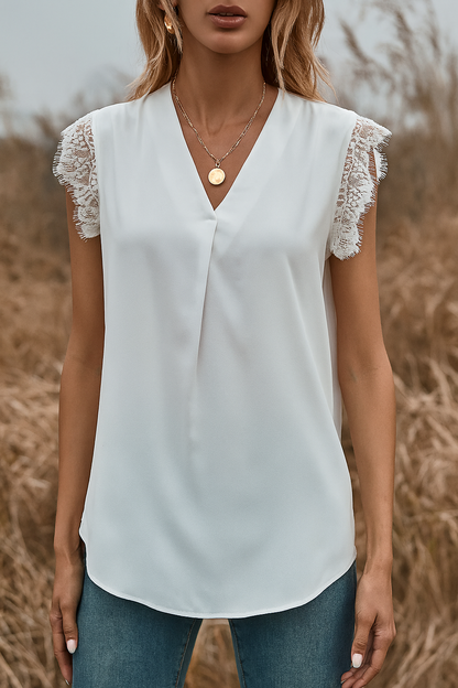 Lace Sleeve V-Neck Blouse