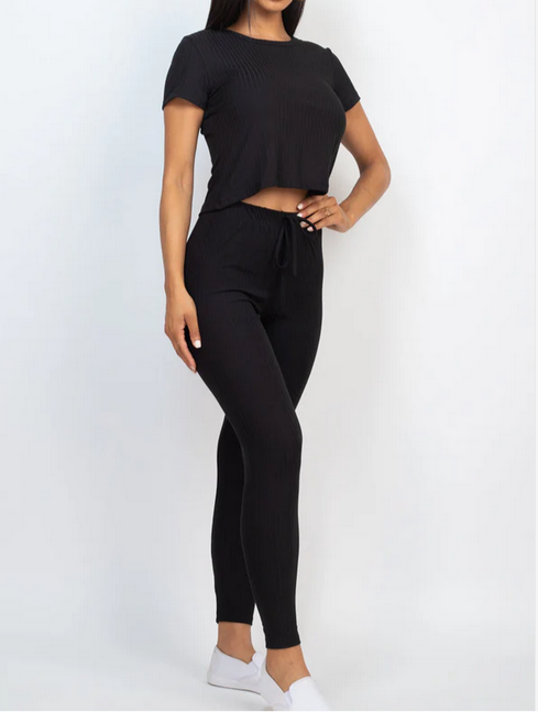 Ribbed Short Sleeve Top & Leggings Set
