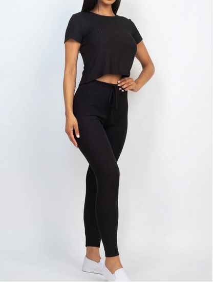 Ribbed Short Sleeve Top & Leggings Set